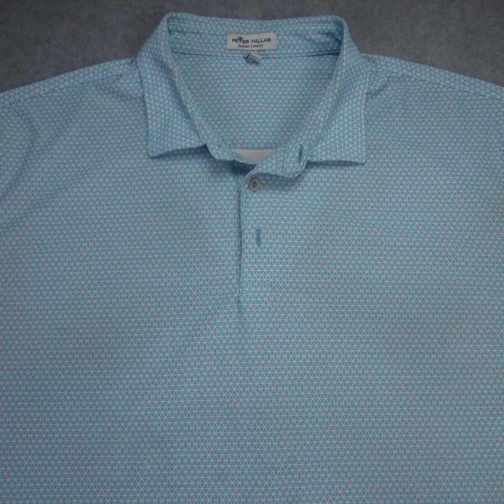Peter Millar Polo Shirt Mens XL Blue Geometric Golf‎ Summer Comfort Short Sleeve